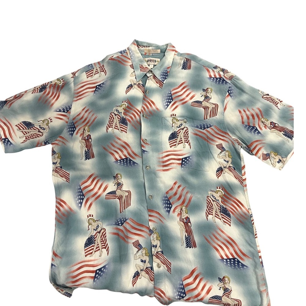 Vintage Campia Moda Mens Large Rayon Pin Up Girl American Flag Button Up Shirt